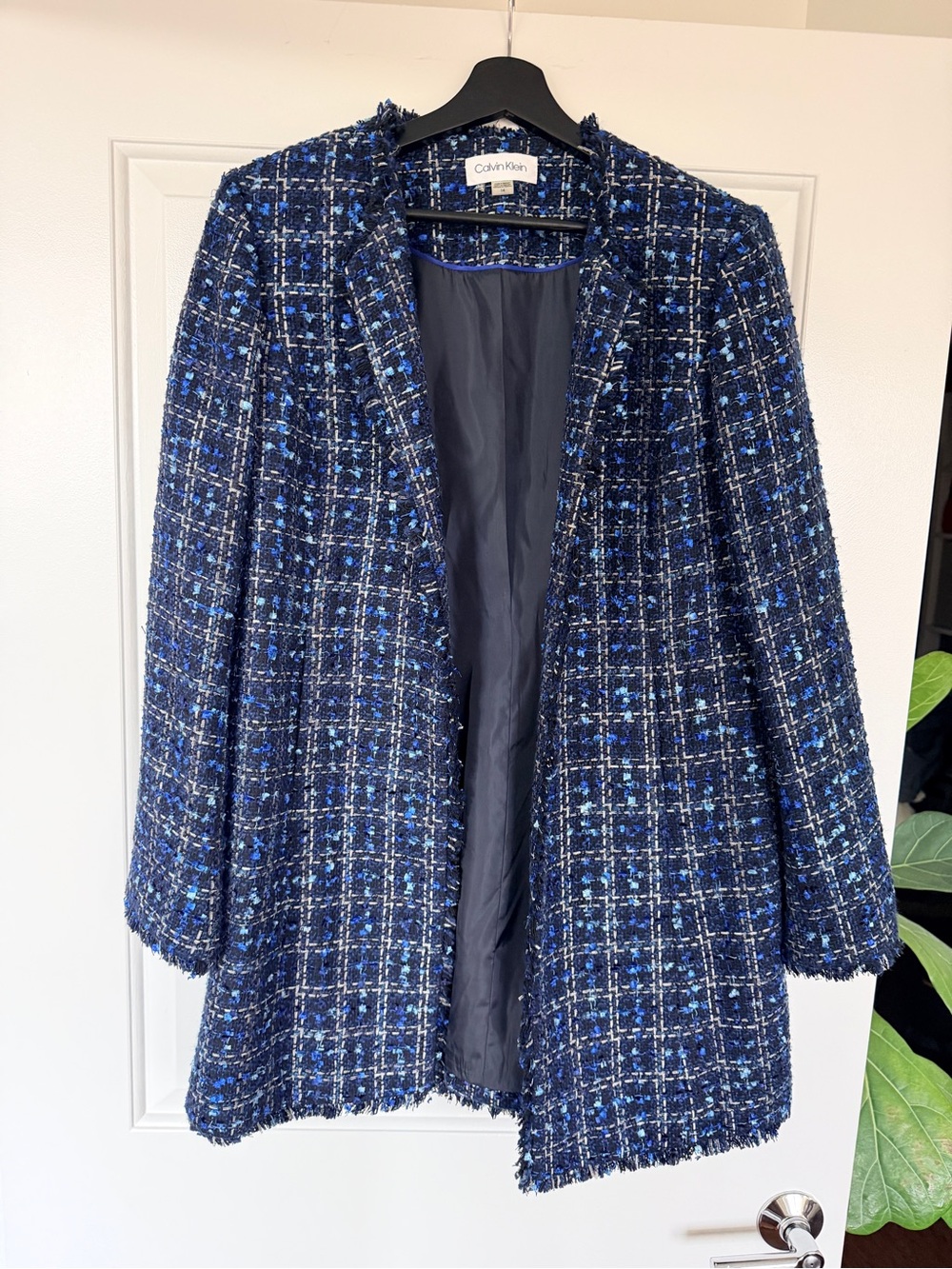 Calvin Klein Navy and Blue Tweed Open-Front Blazer Jacket